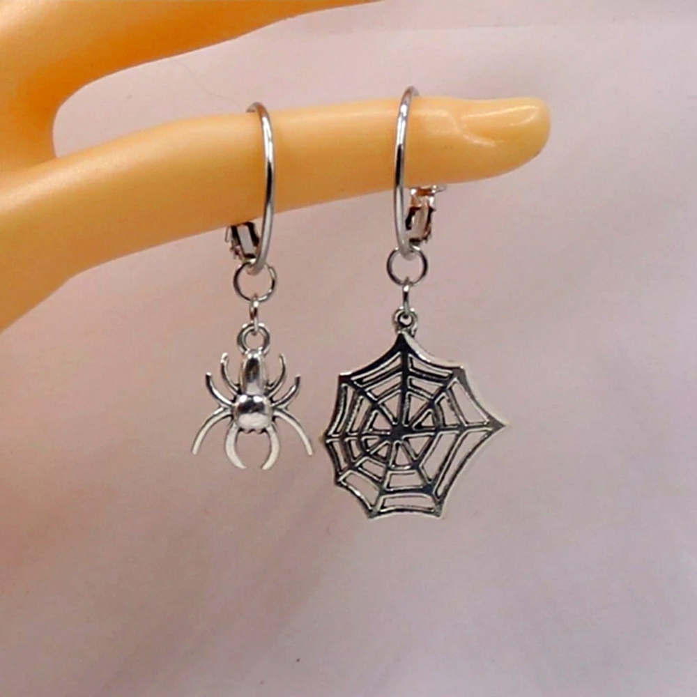 Spider earrings web lever backs Halloween silver